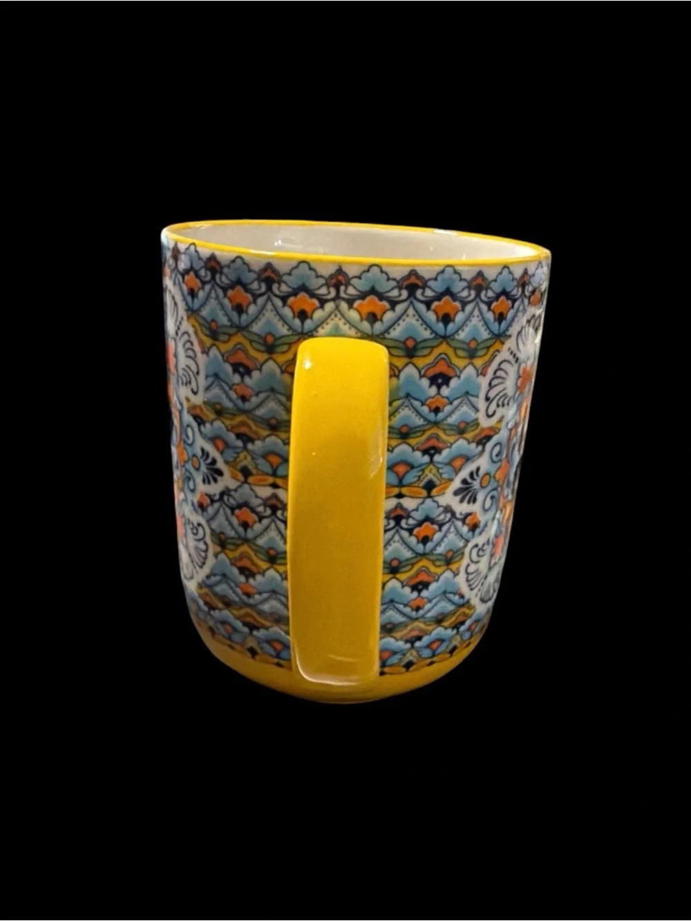 HENXFEN LEAD Boho Ceramic Coffee Mug – Yellow with Blue & Orange Mandala Pattern